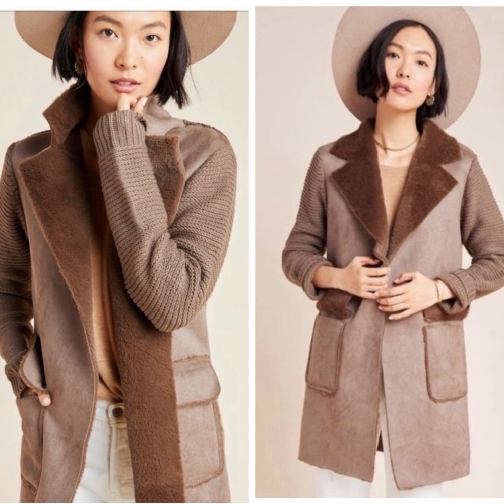 Anthropologie Faux Fur Piper Sweater Coat - Taupe - Picture 2 of 10
